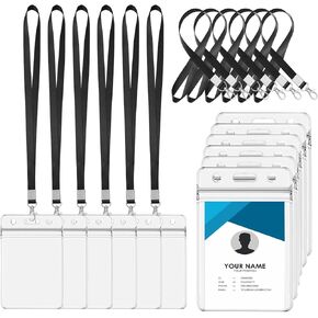 BESARME 6 Set ID Badge Holder with Lanyard, Black Lanyard with Vertical Clear Waterproof ID Card Holder for Workers Students Teachers