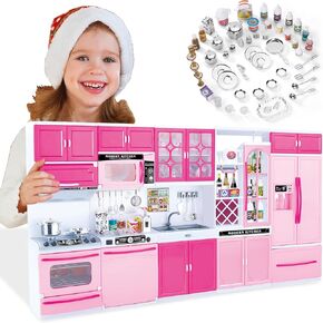 56pcs 5-in-1 Kids Kitch & Dollhouse PlaySet-51 إكسسوارات و 5 إعدادات معيارية ، أضواء وأصوات واقعية ، لعبة طهي سهلة التجميع للفتيات الذين تتراوح أعمارهم بين 3+