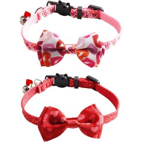 SOGAYU 2 Pack/Set Valentine Cat Collar Breakaway with Bow Tie Bell for Kitty Removable Adjustable Accessories Safety Kitten Collar, Red+Pink