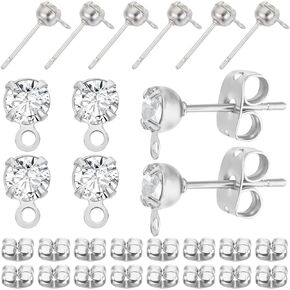 Beebeecraft 1 Box 40PCS Platinum Plated Carring Encerings Cubic Zirconia Post Post Post Bud With With Loop و 40pcs Butterfly Consring for Diy Consing Morning