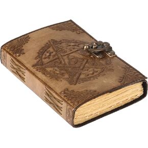 Genuine Leather Journal Writing Notebook, Pentagram Hand Embossed, Grimoire Book of Shadows Book Pentagram Spiritual Journal Witch Book Ritual Diary 7 x 5 Inches Brass Clasps
