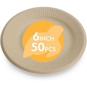 100% Compostable Disposable Paper Plates Bulk [6" 125 Pack], Bamboo Plates, Eco Friendly, Biodegradable, Sturdy Small Dessert Party Plates, Heavy-Duty, Unbleached by Earth's Natural Alternative