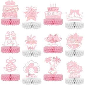 SABARY 12 PCS Coquette Pink Bow Happy Hirpy Decoration Pink White Honeycomb Centerposes Supplies Balloon Croون