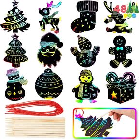 JOYIN 48 Pcs Christmas Scratch Art Ornaments, Rainbow Color Scratch Paper in Front Side & Coloring Card in Back Side, Scratch Off Kids Party Favors Supplies, Holiday DIY Art Craft Kit Activities Gifts