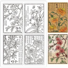 GLOBLELAND Chinese Style Plant Clear Stamps Plum Blossoms Orchid Bamboo Chrysanthemum Silicone Clear Stamp Seals Characters Transparent Stamps for DIY Scrapbooking Cards Making Photo Album Journal