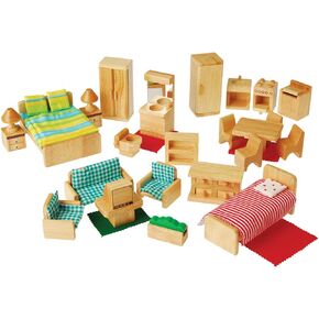 Playthings بناءة الأطفال الصلب من الخشب الصلب 26 قطعة مجموعة الأثاث لتزويد 4 غرف دمية