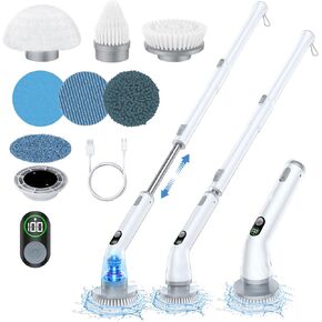 Electric Spin Scrubber, Electric Cleaning Brush with LED Display and 4 Replaceable Brushes, 2 Speeds and 3 Angles Adjustable, Cordless Power Scrubber with Extension Arm for Bathroom Floor Tile