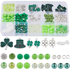 SUNNYCLUE Upgraded St Patrick Day Charms 8mm Green Beads Beading Kits Enamel Four Leaf Clover Charms Irish Shamrock Charm Opaque Transparent Acrylic Beads Elastic Thread for Jewelry Making Kits