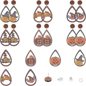 SUNNYCLUE 1 Box 6 Pairs Halloween Earring Making Kit Wood Wizard Hat Pumpkin Charms Teardrop Wooden Charm Horror Halloween Charms for Jewelry Making Kits DIY Stud Earrings Women Adults Supplies