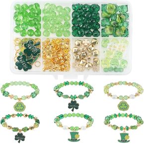 SUNNYCLUE 1 Box 246Pcs DIY 6 Sets Green Bracelet Kit St. Patrick's Day Irish Hat Charms Shamrock Charm Bulk Lucky Clover Charms Glass Spacer Beads for Jewelry Making Kits Adults Women Gifts Supplies