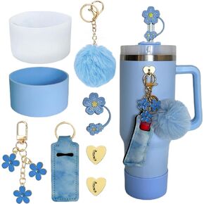 Accessories for Stanley Cup 40oz,2 Silicone Boots for Stanley Tumbler,1 Flower Straw Cover Topper,2 Charms Hooks,1 Lipstick Holder Bag,1 Pompom Ball,1 Cute Keychain Charms (Passion Pink)