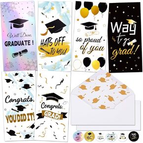 24 Pack Graduation Cards, Graduation Money Holder 2025 with Envelopes and Stickers, 6 Designs, Printed Message Inside