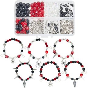 Sunnyclue 1 Box 6 مجموعات أساور الهالوين مجموعة Coffin Spider Charms Charm Charm Round Heart Star Bead Black Red Glass Spacer Beads for Jewelry Making Kits Women Buy Diy Proclets Craft Gifts