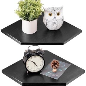 Corner Wall Shelves, Corner Floating Shelves Set of 2 Solid Oak Wood Display Shelf with Wire Hole Small Plant for Kitchen Living Room Natural