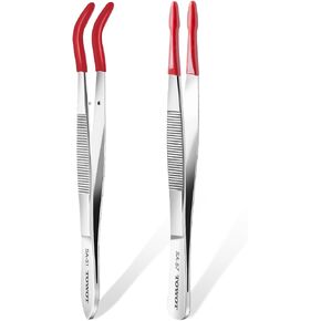 TOWOT 2 PCS Rubber Tipped Tweezers, PVC Rubber Coated Tweezers Bent and Straight Flat Tip craft Tweezers for Stamp Jewelry Hobby Crafts Industrial Electronic(black)