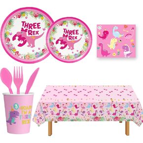Pink Three Dino Rex Birthday Party Decorations ,141PCS Birthday Decoration Dinosaur 3rd Birthday Paper Plates Tableware Set Three inspired Rex Table cloth Plates Napkins cup