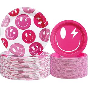 Chinco 100 PCS Preppy Smile Face Party Decortations 50 ضيفًا يمكن التخلص منه للبلاط الوردي الوجه لوحة ورق 9 بوصة