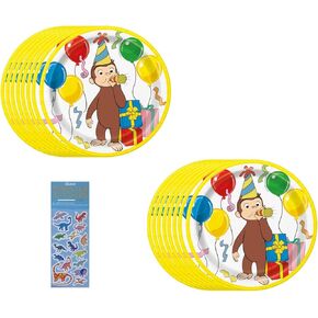 فريدة من نوعها George George Birthday Baby Shower Party Pack Pack تشمل 16 لوحات ورق كعكة الحلوى وملصقات ديناصور واحدة
