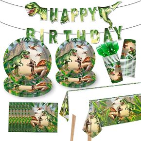 122 PCS Dinosaur Birthday Party Decorations Lncludes Plates ، TableCloth ، Cup ، منديل ، أدوات المائدة ، لافتة عيد ميلاد سعيد ، Boys Girls Kids Dinosaur Surfes Factable Party Forms ، خدمة 24