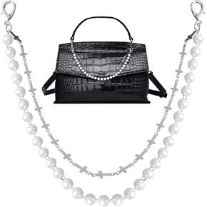 Elasignshopo Christian Pearl Purse Chain 12 inch Metal Pearl Double Chains with Buckles Cross Handbag Straps Classic Bag Extender Chair accessories for Women