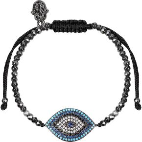 KARMA AND LUCK - Women's Real Hematite Stone 18K Rose Gold-Tone Gorgeous Evil Eye Charm Beaded Bracelet with Cubic Zirconia Crystals & Adjustable Drawstring Closure