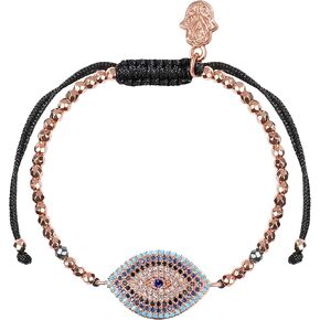 KARMA AND LUCK - Women's Real Hematite Stone 18K Rose Gold-Tone Gorgeous Evil Eye Charm Beaded Bracelet with Cubic Zirconia Crystals & Adjustable Drawstring Closure