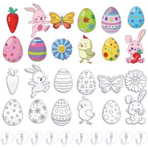 Sratte 48 PCS Easter Suncatcher Crafts Kit for Kids Diy Egg Bunny Window Paint Paint Plastic Craft Make Your Coloring Suncatcher Ornament مع 24 كوب شفط للهدية الفنية الفنية.