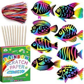 ZMLM SCRATCH ART PAPER KIDS - 48 PCS 8 Style Fish Rainbow Art Craft Paper for Party Form