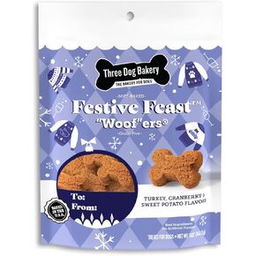 Three Dog Bakery Festive Feast 'Woof'ers مع تركيا ، والبطاطا الحلوة ، والتوت البري - علاجات عيد الشكر ، وملفات تعريف الارتباط العطلات ، ووجبات خفيفة ناعمة للتدريب