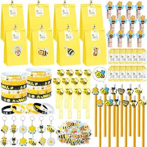 WinRayk 146pcs Bee Party Party Favors Supplies Bee Bee Gift Bag with and Clips Pencil Mini Bubble Wand Honeycomb Silicone Bracelet keychain standser Honey Bee party party favors goodie bag bage.