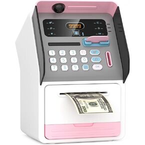 قم بقرعة ATM Piggy Bank للأطفال الذين يحملون بطاقة الخصم مقابل المال الحقيقي ، و Mate Machine مع إغلاق Onekey ، وذاكرة الطاقة ، و Bill Feeder ، و Calculator ، و Smart Piggy Bank (Pink)