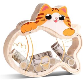 Wooden Cat Piggy Bank for Kids ، صندوق أموال الأطفال غير القابل للكسر مع ملصقات رسائل ، بنك أموال نقود خشبية ، هدية عيد ميلاد قابلة للتخصيص ، تعليمية للفتيان ، كبيرة