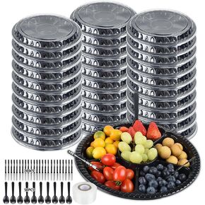 10 Pieces Appetizer Serving Trays with Lids 10.4 Inches Disposable Veggie Fruit Tray 6 Divided Compartment Container Round Food Container Platter with Forks for Party Buffet（ Black ）