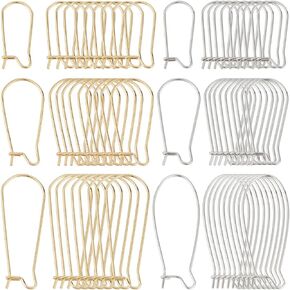 1 Box 120Pcs 6 Style Silver Kidney Earring Hooks Stainless Steel Earring Findings Bulk U Shaped Real 18K Gold Plated Ear Wires Long Teardrop Dangle Earring Wires for Jewelry Making Supplies