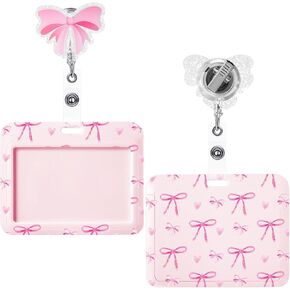 Geyoga 2 Pack Pick Pink Bow Coquette Badge Bolleds with Retractable Pink Boy Bow Badge Card Card Card Cleder Clim Clip for Office Doctor Nurse Teacher Office Accessories (4.7''x3.5 '' ، أفقي)