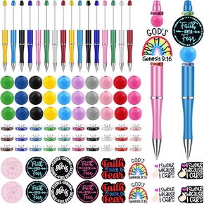 YLOLUL 16 Set Inspirational Beadable Pens Plastic Beadable Pen with 16 Inspirational Silicone Beads, 30 Spacer Beads, 30 Wooden Beads for Office School DIY Supply Mother's Day Teacher Appreciate Gift
