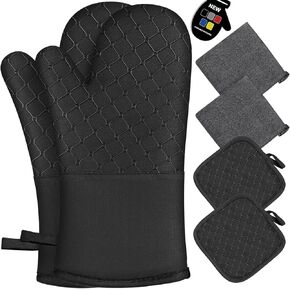 6 Pcs Oven Mitts and Pot Holders, 500℉ Heat Resistant Oven Mitts with Kitchen Towels Soft Cotton Lining and Non-Slip Silicone Surface Safe for Baking, Cooking, BBQ (Grey)