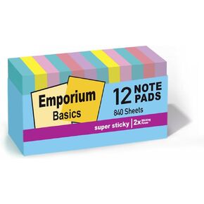 (12 Packs) Emporium Basics Super Sticky Notes, 12 Pads, 3x3 Inches, 840 Sheets, 2X Sticking Power