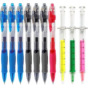 10 Pack Pharmacy Pens Set with 7 Gel Ink Pens(Black/Blue/Red), 3 Syringe Highlighters, Funny Writing Instruments for Nurses Pharmacists Technicians Medical Assistants Students