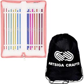 Knitpro Zing Deluxe Set 10 بوصة على التوالي إبر حياكة مستقيمة الحجم 1.5 ، 2.5 ، 4 ، 6 ، 7 ، 8 ، 9 ، 10 مع علبة النسيج مع حقيبة المشروع