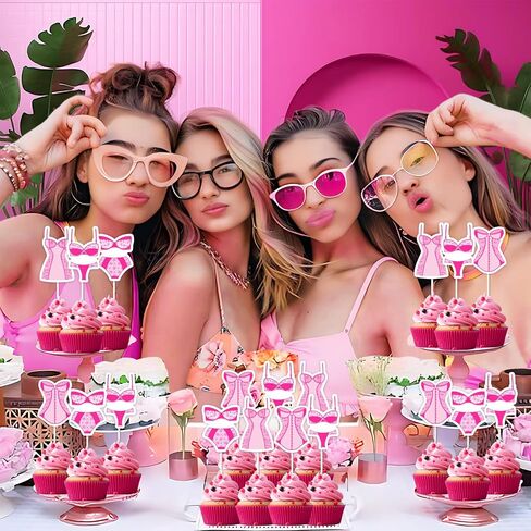 24pcs Pink Bachelorette Cupcake Topper Hot Pink Underwear Party Cupcake Picks Underwear Bridal Shower Decorations for Women Bachelorette Party Bridal Shower Engagement Wedding Supplies in Kuwait
