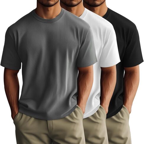 Huukeay 3 Pack Men's T-Shirts Crewneck Short Sleeve Muscle Shirts Ribbed Gym Workout Casual Slim Fit Tops in Kuwait