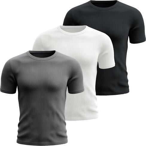 Huukeay 3 Pack Men's T-Shirts Crewneck Short Sleeve Muscle Shirts Ribbed Gym Workout Casual Slim Fit Tops in Kuwait