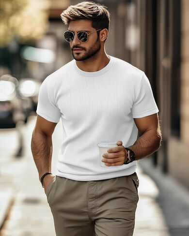 Huukeay 3 Pack Men's T-Shirts Crewneck Short Sleeve Muscle Shirts Ribbed Gym Workout Casual Slim Fit Tops in Kuwait