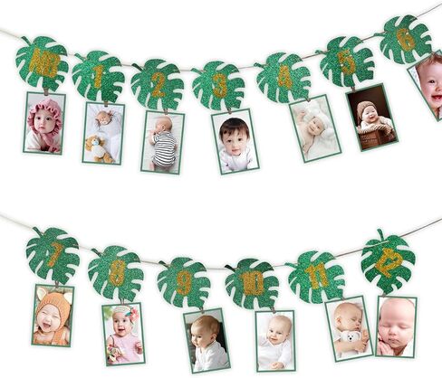 1st Birthday Photo Banner, 13 PCS 1 Year Old Decorations - Tropical Theme Paper Banner, First Birthday Decorations for Girl or Boys Monthly Milestones Garland in Saudi Arabia