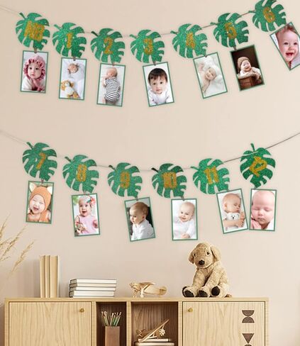 1st Birthday Photo Banner, 13 PCS 1 Year Old Decorations - Tropical Theme Paper Banner, First Birthday Decorations for Girl or Boys Monthly Milestones Garland in Saudi Arabia