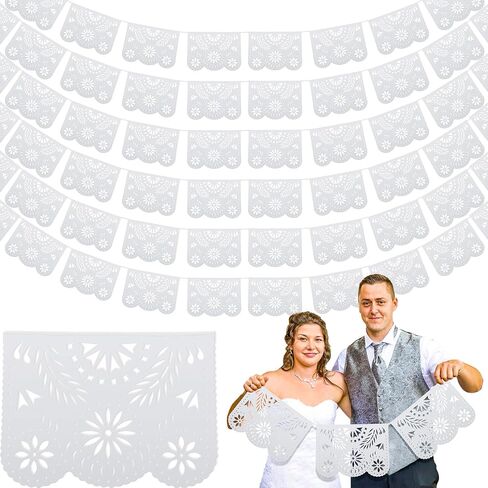 Tatuo 10 Pack White Papel Picado Banner Cielito Lindo Party Decoration 16.4 Feet Large Plastic Mexican Banners Mexico Fiesta Party Decorations Wedding Fiesta Hanging Flags for Cinco De Mayo in Kuwait