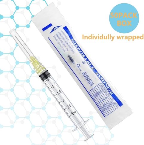 50 Pack Luer Lock 1ml 27Ga - 1 Inch Sample Measuring Syringe Lab Supplies, Individually Sealed Wrapped in Kuwait