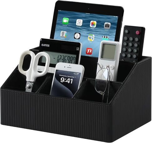 Remote Control Holder with 5 Compartments for Office Art Supplies, PU Leather Nightstand Organizer Pencil Pen Desk Caddy for Home, Multifunctional Desktop Organizer and Storage (Black) in Saudi Arabia