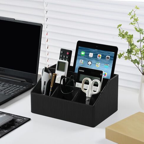 Remote Control Holder with 5 Compartments for Office Art Supplies, PU Leather Nightstand Organizer Pencil Pen Desk Caddy for Home, Multifunctional Desktop Organizer and Storage (Black) in Saudi Arabia